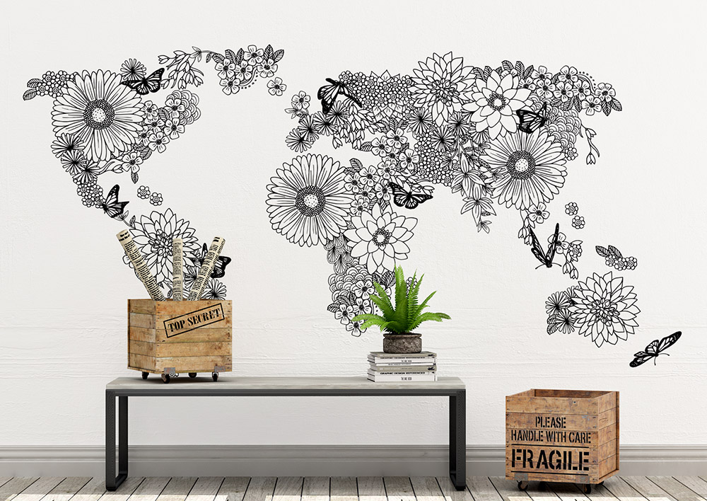 Toile adhésive repositionnable éco-conçue et recyclable : Mappemonde Florale