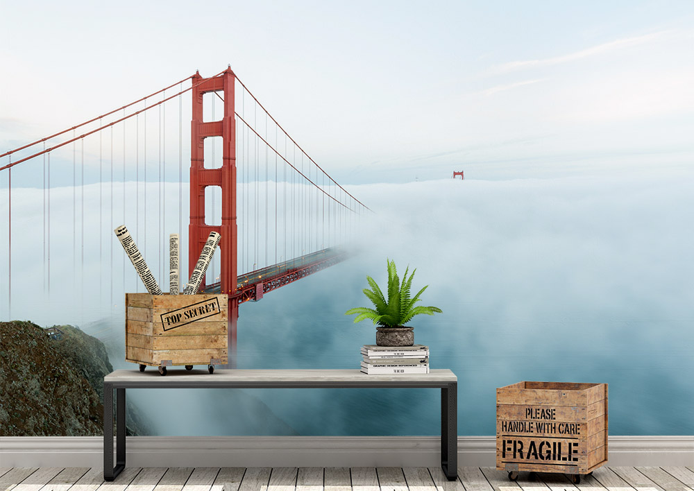 Toile adhésive repositionnable éco-conçue et recyclable : Villes San Francisco dans la brume