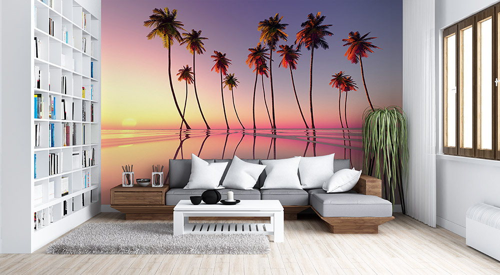 Toile adhésive repositionnable éco-conçue et recyclable : Paysage Palmiers et couché de soleil
